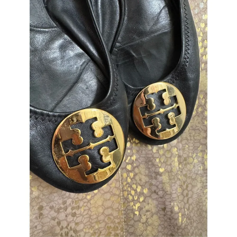 Tory Burch Reva Black Leather Gold Logo USED Ballet Slip On Flats 7.5-8